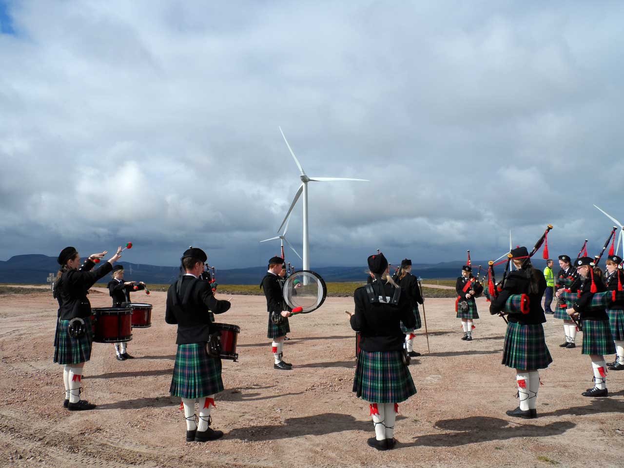 Photo: Sutherland Schools Pipe Band Plays At Gordonbush Wind Farm