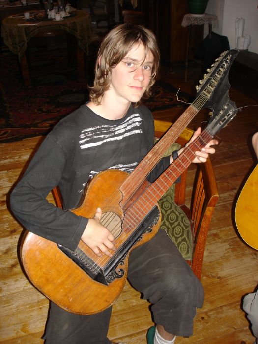 Photo: Euan Gunn enjoying the instruments at Wysoka Manor House