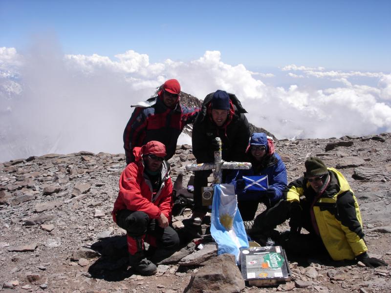 Photo: The summit team on top of Aconcagua left to right Ashley Hale, Bauty, Jean Philippe Peppin, Bob Kerr and Michael Lies