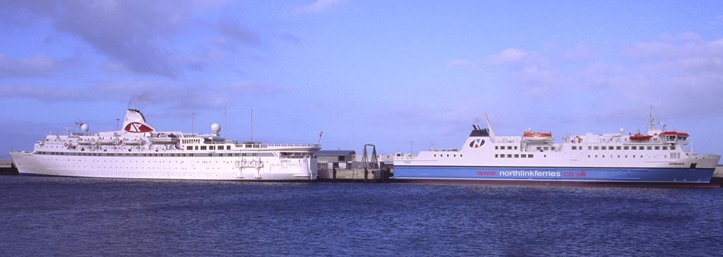 Photo: Cruise Ship Black Prince and Hamnavoe Ferry At Scrabster